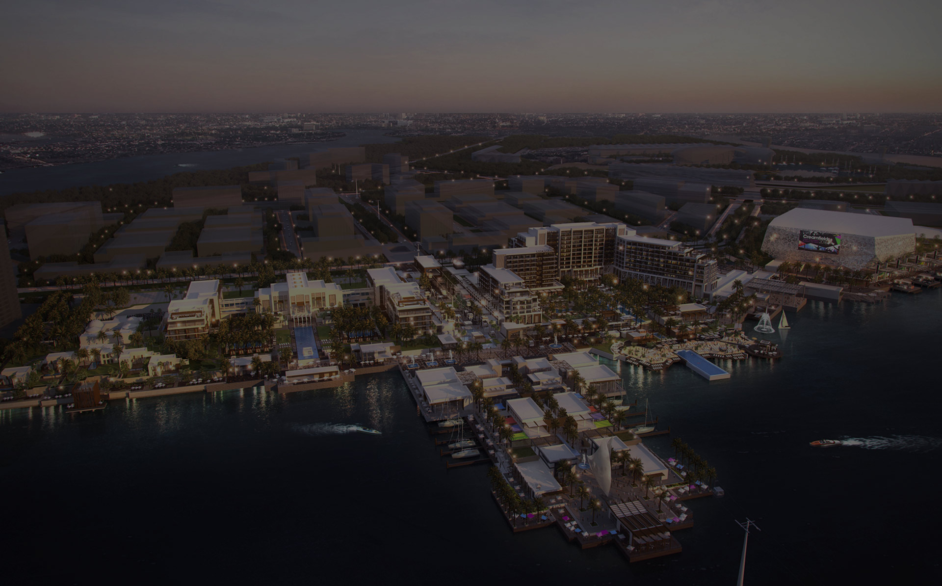 An overview render of the entire Yas Resort and Yas Arena master plan including the hotels and promenade and pier.