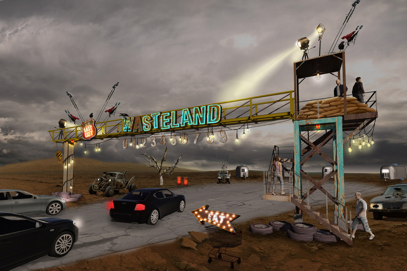 Wasteland- a render of welcome gantry at Last Exit Dubai